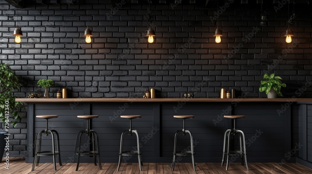 Creative black brick pub or bar interior with copy space on wall - obrazy, fototapety, plakaty 