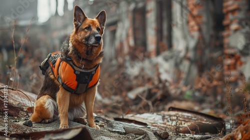 search and rescue dog in a vest on the ruins of a house photo
