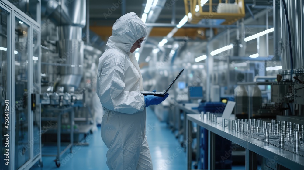 Naklejka premium Heavy Industry Manufacturing Factory: Scientist in Sterile Coverall Walking with Laptop Computer, Examining Industrial CNC Machine Settings and Configuring Production Functionality.