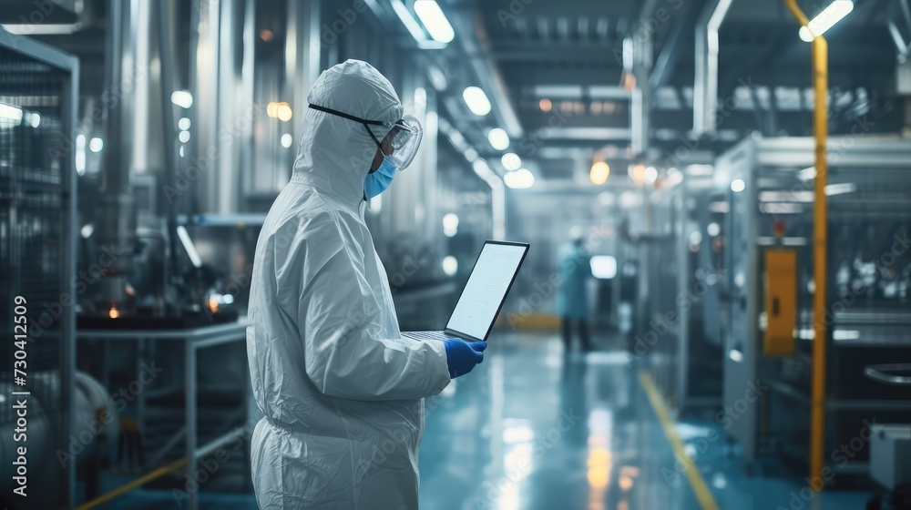 Heavy Industry Manufacturing Factory: Scientist in Sterile Coverall Walking with Laptop Computer, Examining Industrial CNC Machine Settings and Configuring Production Functionality. Heavy Industry Manufacturing Factory: Scientist in Sterile Coverall Walking with Laptop Computer, Examining Industrial CNC Machine Settings and Configuring Production Functionality.