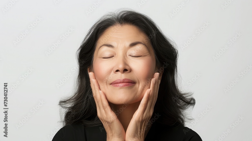 Portrait of gorgeous happy middle aged mature cheerful asian woman, senior older 50s lady pampering her face eyes closed isolated on white. Portrait of gorgeous happy middle aged mature cheerful asian woman, senior older 50s lady pampering her face eyes closed isolated on white.