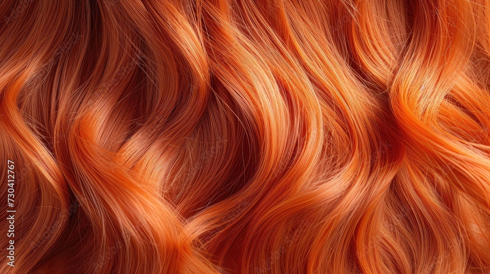 Red hair close-up as a background. Women's long orange hair. Beautifully styled wavy shiny curls. Hair coloring bright shades. Red hair close-up as a background. Women's long orange hair. Beautifully styled wavy shiny curls. Hair coloring bright shades.