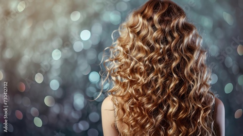 Portrait of a beautiful girl with luxurious curly long hair. Back view.