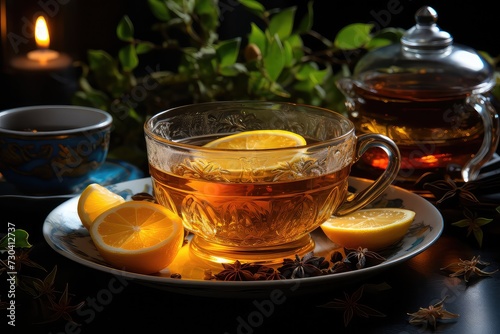 warm cup of tea with a slice of lemon. Steam rises, inviting sips. A citrusy twist, a soothing brew. High angle charm, a tea moment anew. Enjoy the warmth, 