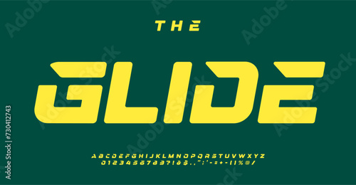 Impact dynamic alphabet, bold futuristic letters, engaging sport font for streamlined logo, powerful headline, innovative typography, contemporary typographic design. Vector typeset.