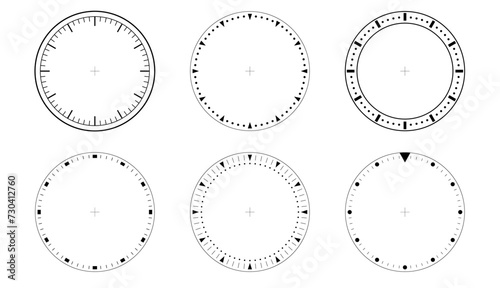 Circles of clock faces for time. Template dial of watch. Blank timer isolated PNG. photo