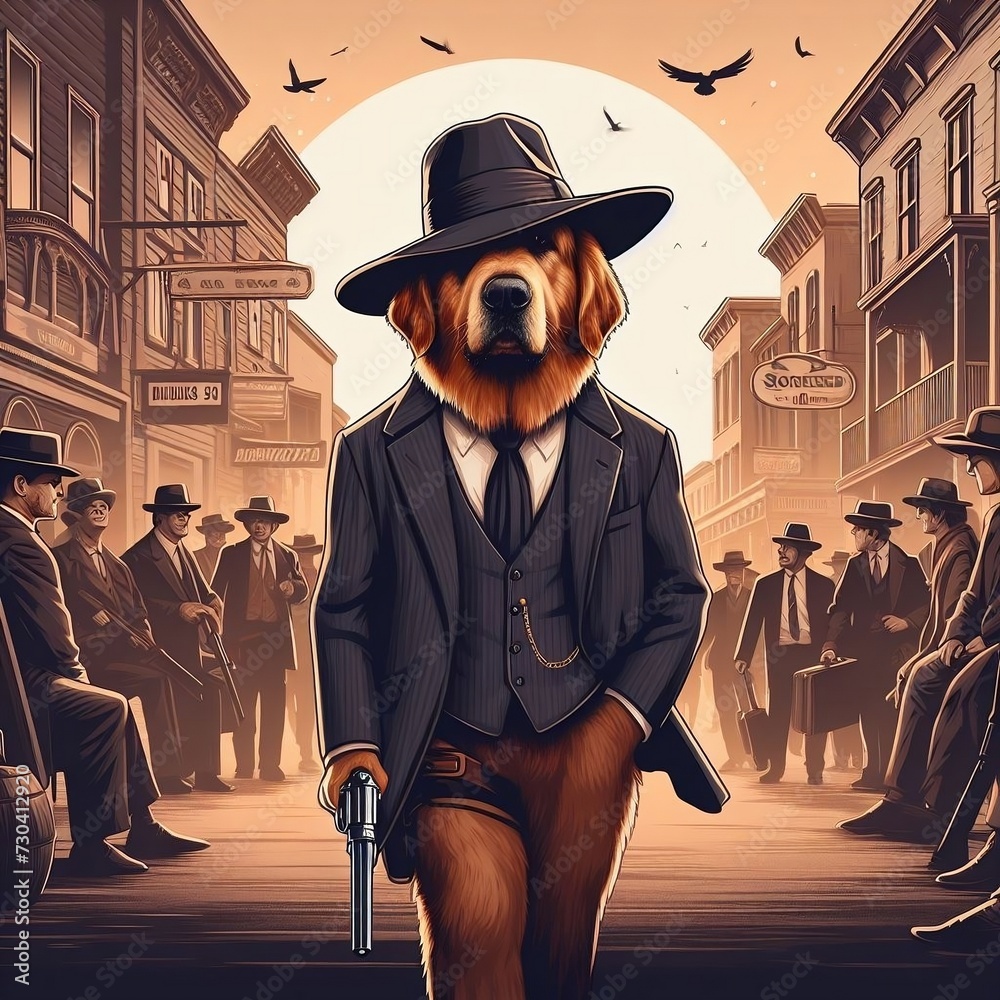 dog as a gangster walking into a crowded place during the Wild West, digital art Vector Illustration with cinematic Background vintage look created with generative ai
