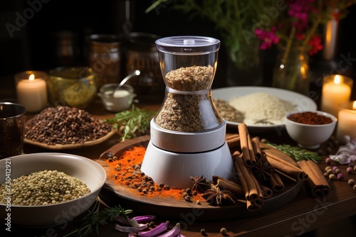 Spice grinder in action. Whole spices transform into flavorful dust. Twist  turn  and the aroma adjusts. Kitchen essential for a tasty creation. Grinding spices 