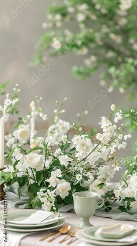 A table set with white flowers and candles © Friedbert