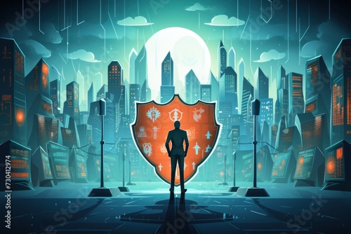 Vigilant digital guardian standing guard over a network, symbolizing cybersecurity resilience. Visual metaphor for cybersecurity..