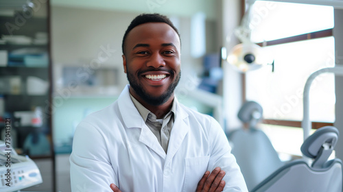 Dentist in white-collar dress shirt, arms crossed, smiling by office window photo
