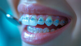 Close-up of person's teeth with braces being examined by a dentist.