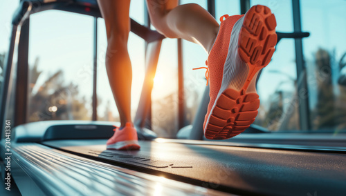 Close up of feet, sportswoman runner running sneaker sole on treadmill in fitness club. Cardio workout. Healthy lifestyle, female training in gym.