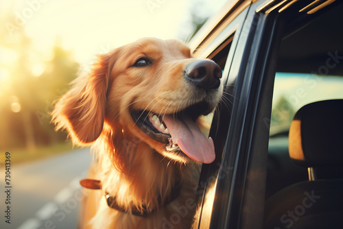 Friendly retriever enjoys the ride in a car's trunk