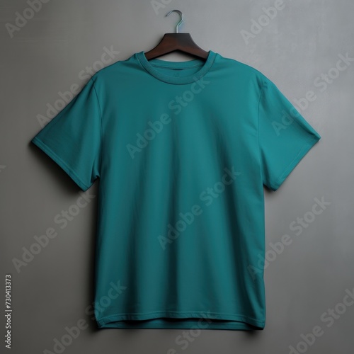 Teal t shirt is seen against a gray wall