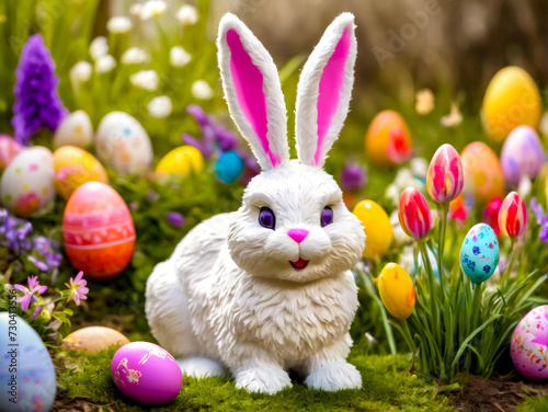 White rabbit sitting in field of grass surrounded by eggs and flowers.