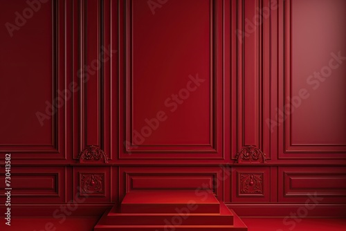 Luxury dark red empty interior with product pedestal