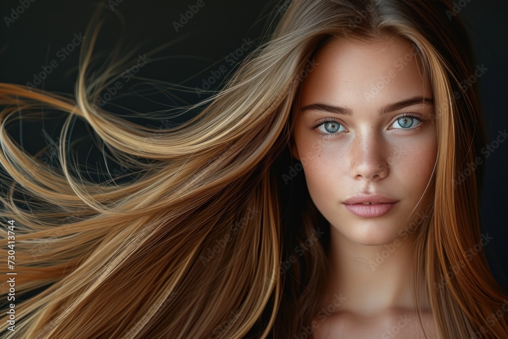 Obraz premium Woman With Long Blonde Hair Blowing in the Wind