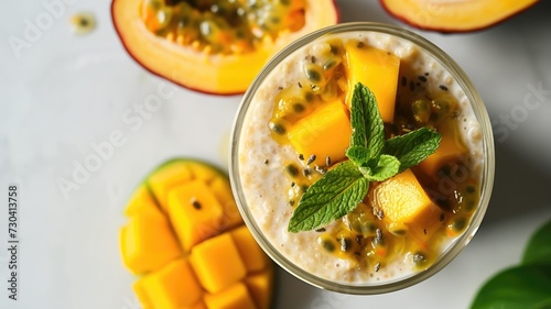 Chia pudding with mango and passionfruit garnished with fresh mint, a healthy and exotic dessert