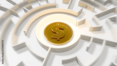A gold coin with a dollar sign at the center of a circular white maze. - 3D render