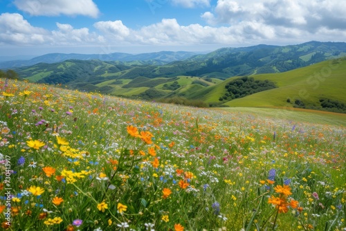 A panoramic view of rolling hills covered in wildflowers at spring