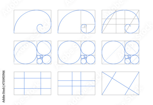 Golden ratio set. Proportions template composition balance in geometry and spiral lines. Fibonacci sequence PNG