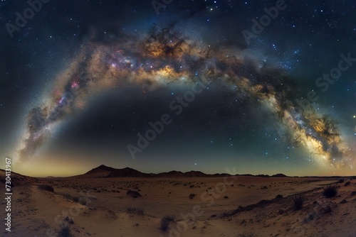 A panoramic view of the Milky Way arching over a remote desert