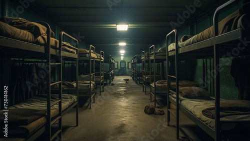 lensbaby photography of an empty, spooky, insane russian asylum, with empty beds, in the style of a 1980s horror movie poster photo