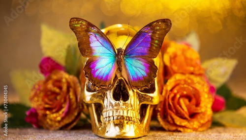 crânio brilhante dourado com borboleta colorida iridescente, rodeado por flores photo