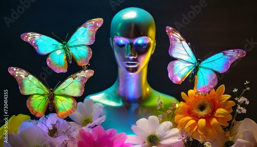 manequim rodeado por borboletas coloridas, luzes neon, conceito photo