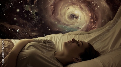 A woman sleeping in a bed with a galaxy in the background © Friedbert