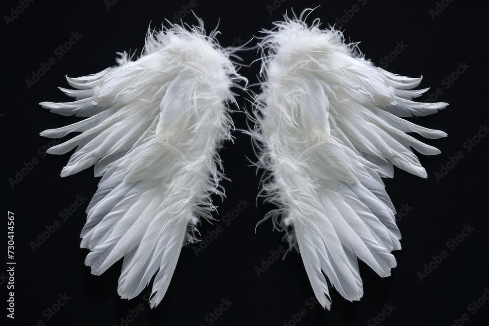 Obraz premium Angel wings isolated on the black background, fantasy feather wings for fashion design, cosplay and dress up party
