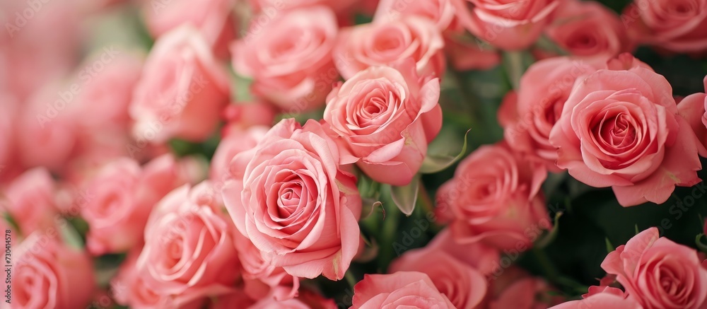 A bunch of pink roses is shown in the picture. A bunch of pink roses is shown in the picture.
