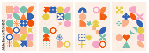 Set of colorful abstract shapes backgrounds. Geometric posters in trendy retro style. Vector flat illustration. Bauhaus style