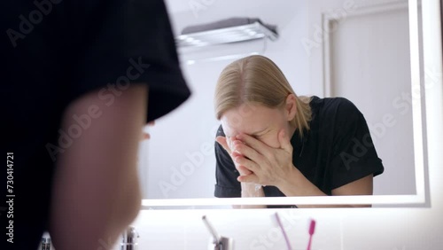 young woman in a black T-shirt washes her face with clean water in a bright bathroom at home. She rinses her face, looks in the mirror, and takes care of her skin before bed, removing makeup. photo