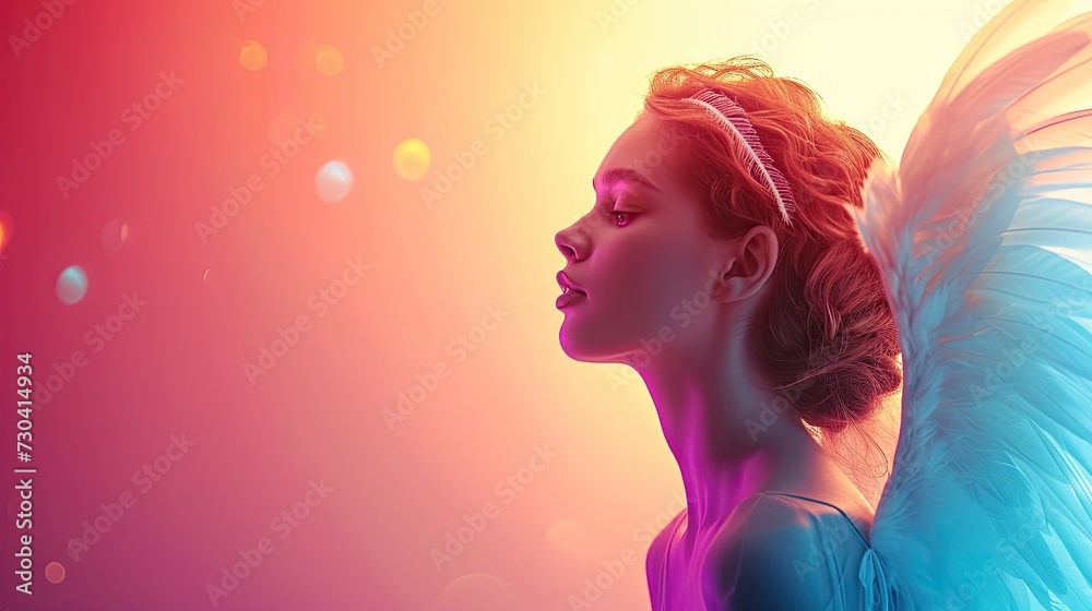 Beautiful young woman with angel wings on colorful background Beautiful young woman with angel wings on colorful background