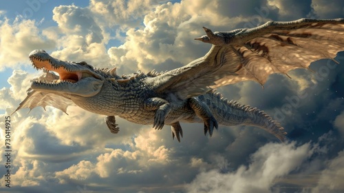 A fantastic crocodile flying through the sky with the clouds