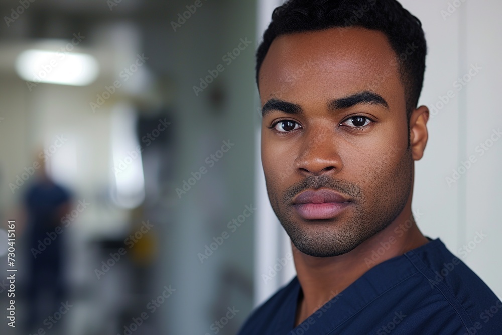 Serene Male Nurse in Dark Scrubs with a Confident Gaze in Hospital.