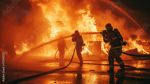 A group of firefighters working together to extinguish a blaze, demonstrating the bravery and cooperation in emergency response teamwork
