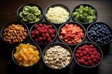Top view arrangement of colorful cereals in bowls. A breakfast feast full of crunchy and delicious options. Start your day with a bowl of goodness! 