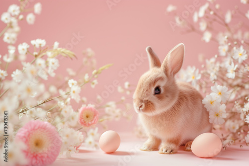 Creative composition of a cute little Easter bunny surrounded by fresh Spring flowers and colored Easter eggs on a pastel pink background. Decoration for Easter holidays. 