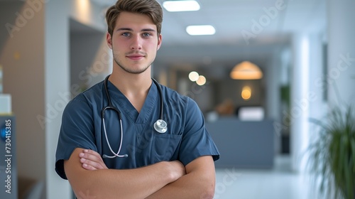 Confident Male Nurse with Arms Crossed in Modern Hospital Lobby