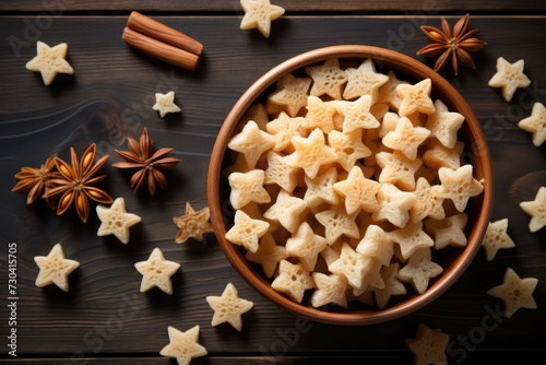 Star-shaped cereal fun! Look from top, stars all in a row. Crunchy bites waiting for a spoon. Copy-space for messages or doodles. Breakfast joy, starry delight! 
