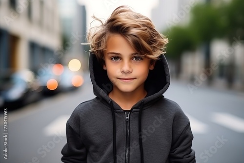 portrait of a young boy in a hoodie on the street