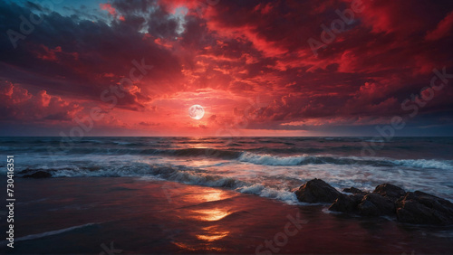 Sun Set  The sea mirrors the sky ablaze in hues of crimson and gold as the sun gracefully dips below the horizon  painting the world in ethereal beauty.