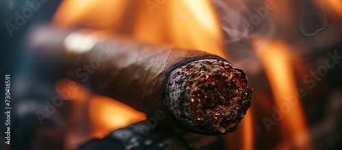 The cigar is ignited with a lighter and has burning fire and ash on top.