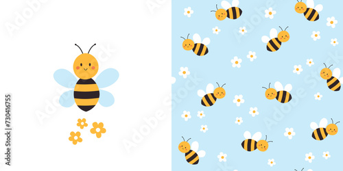 Cute bee card and seamless pattern. Background for kids with bees and daisies. Vector illustration. It can be used for wallpapers, wrapping, cards, patterns for clothes and other.