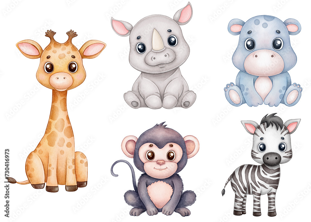 Obraz premium Cute baby animals safari watercolor clipart