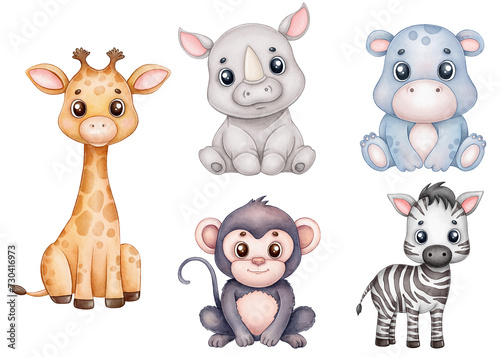 Cute baby animals safari watercolor clipart
