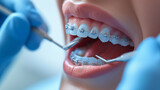 Dentist checks braces on woman's teeth, mouth, jaw, skin, head, eyes, lips